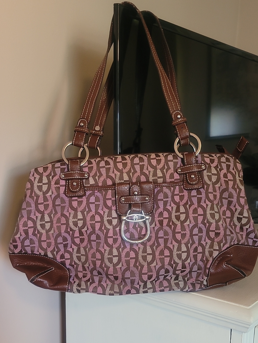Etienne Aigner Brown & Pink Patterned Satchel with Buckle Detail